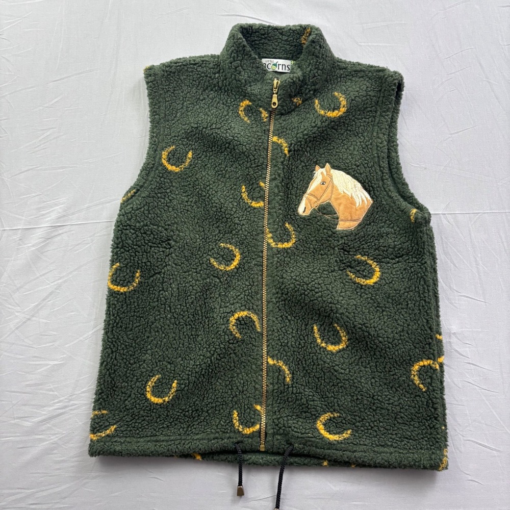 Little Acorns Green Horse Fleece Vest Girls Age 11-13 Horseshoe Sherpa Full Zip
